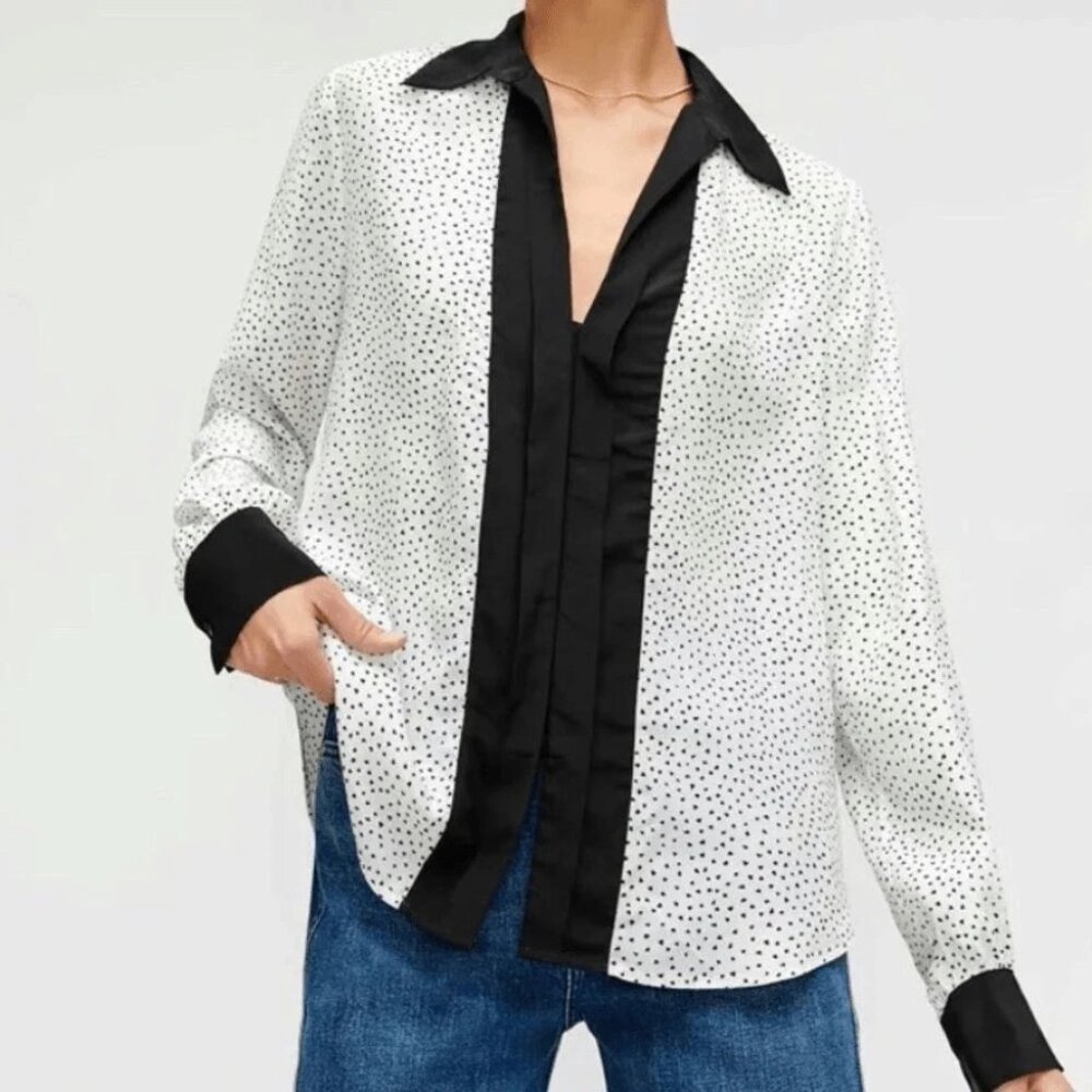 7 for all Mankind Black & White Polka Dash Dot Printed Button Up Top Blouse Silk